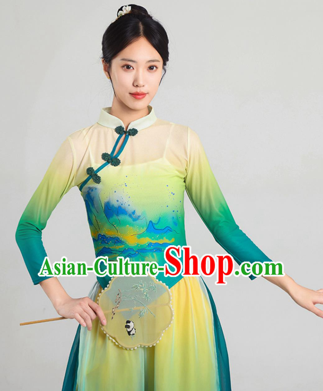 Han Tang Style Classical Dance Outfit Green Blue Cheongsam Chinese Dance Practice Costume Han Tang Style Classical Dance Outfit Green Blue Cheongsam Chinese Dance Practice Costume