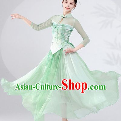 Chinese Classical Dance Costume Cheongsam Fan Dance Green Outfit for Women
