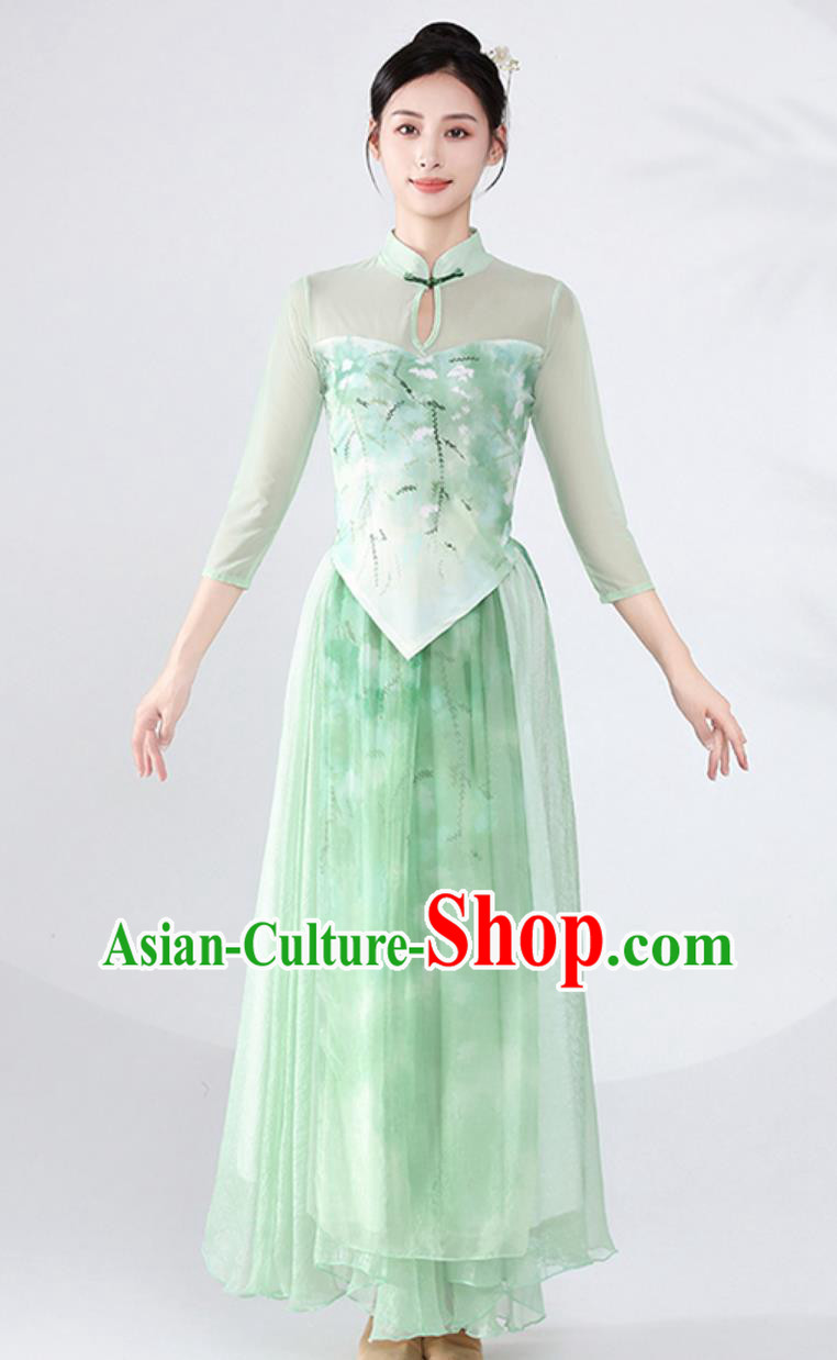 Chinese Classical Dance Costume Cheongsam Fan Dance Green Outfit for Women Chinese Classical Dance Costume Cheongsam Fan Dance Green Outfit for Women