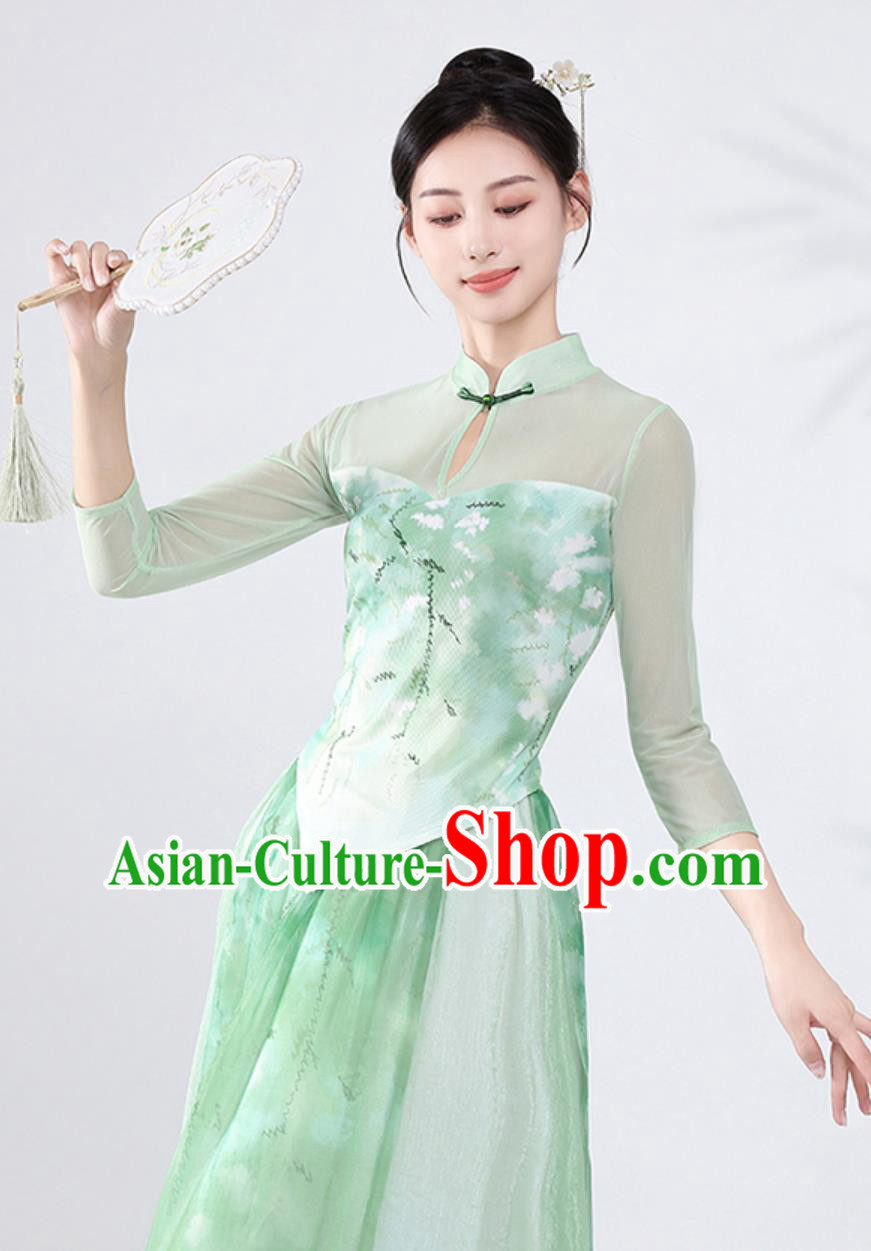 Chinese Classical Dance Costume Cheongsam Fan Dance Green Outfit for Women Chinese Classical Dance Costume Cheongsam Fan Dance Green Outfit for Women