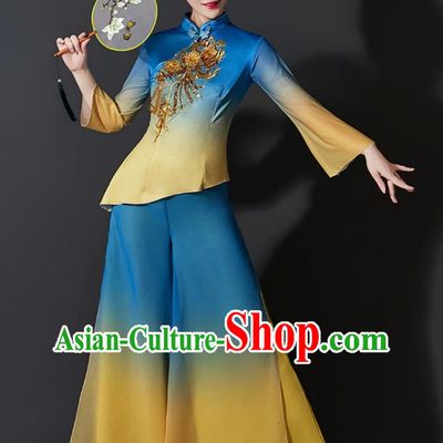 Chinese Yangko Dance Costume Fan Dance Performance Blue Outfit