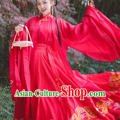 Chinese Red Hanfu Dress Jin Dynasty Embroidered Wedding Clothing Daxiushan Blouse and Skirt Complete Set
