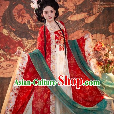 China Hanfu Women Tang Dynasty Chang An Red Wide Sleeves Robe Restoration Style Hezi Dress
