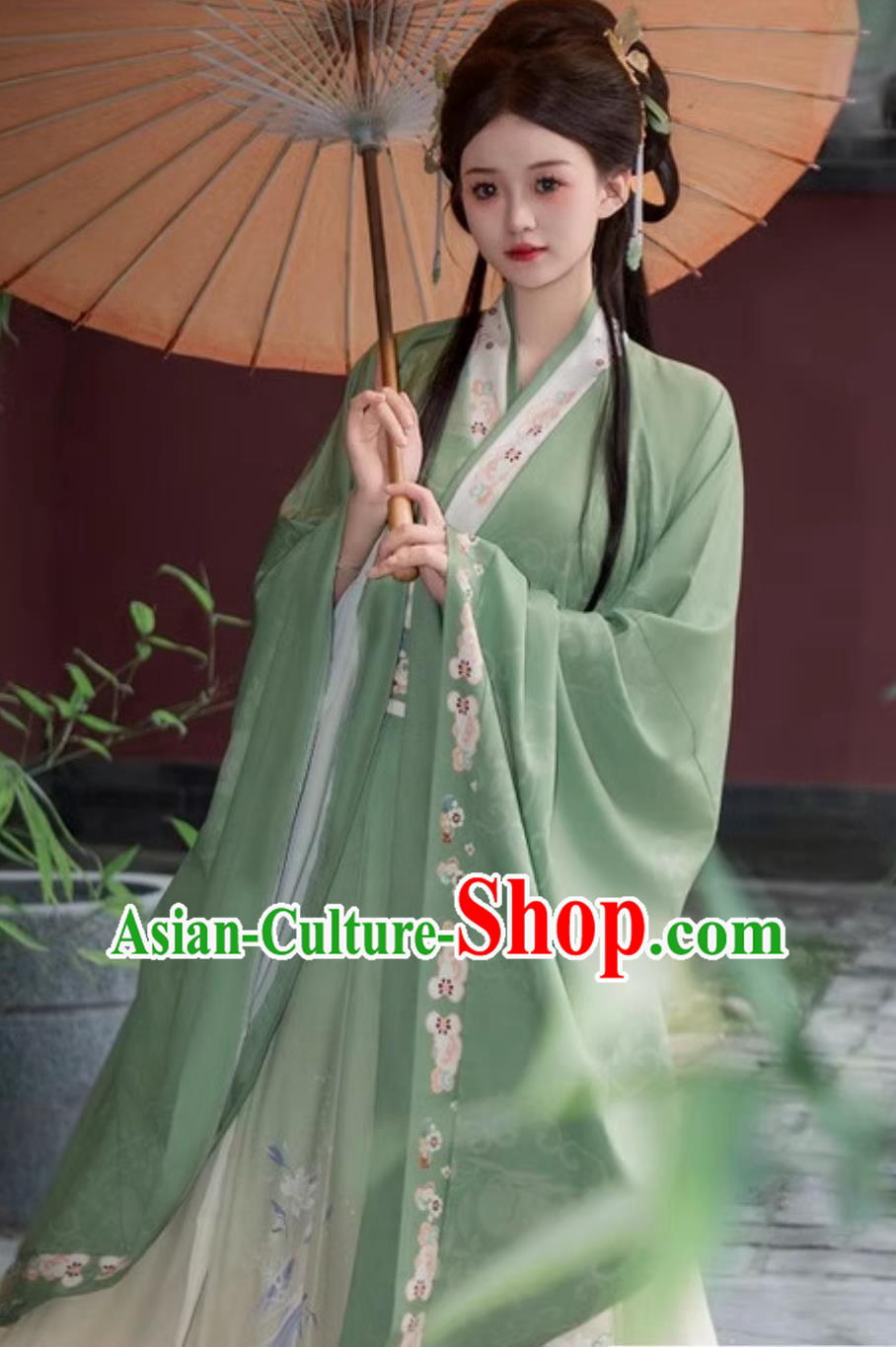 Hanfu Women Green Daxiu Shan Chinese Ancient Costume Cross Collar Wide Sleeves Robe
