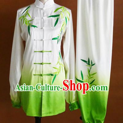 White Green Bamboo Embroidery Tai Chi Suit Ba Duan Jin Team Performance Competition Outfit Taijiquan World Cup Clothing