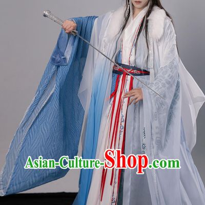 Blue Hanfu Men Chinese Traditional Costume Ancient Xianxia Taoist Robe Set