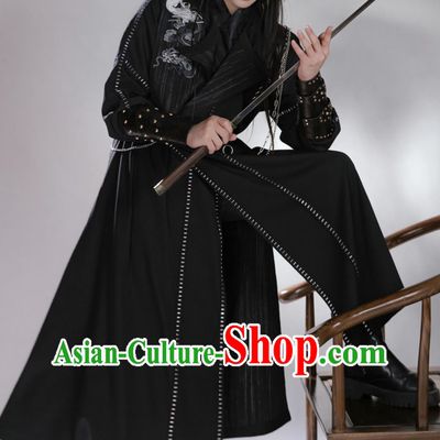 Men Hanfu Dark Black Chinese Ancient Long Double Sided Round Collar Robe Traditional Clothing