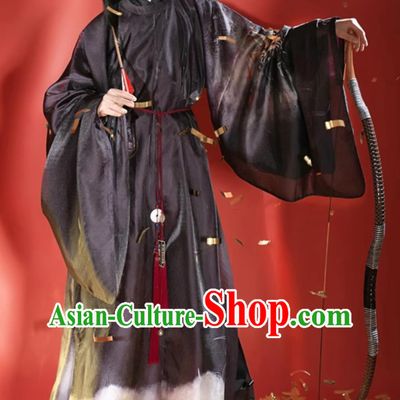 Chinese Hanfu Ming Dynasty Dark Black Round Collar Robe Traditional Xianxia Hero Clothing