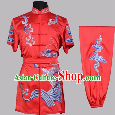 Red Wushu Taolu Competition Uniform Chinese Kung Fu Sparkling Embroidered Changquan Suit Training Wushu Exam Costume