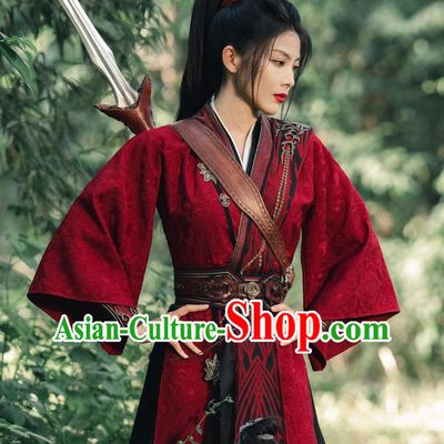 Traditional Red Hanfu Dress TV Series Guardians of the Dafeng Heroine Li Miao Zhen Costume Chinese Ancient Swordswoman Clothing