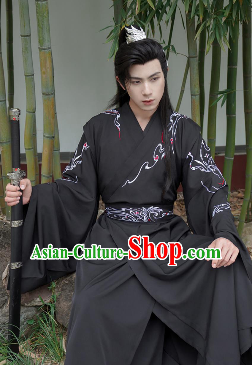 Chinese Hanfu Ming Dynasty Swordsman Black Uniform Embroidery Wuxia Costumes Complete Set Chinese Hanfu Ming Dynasty Swordsman Black Uniform Embroidery Wuxia Costumes Complete Set