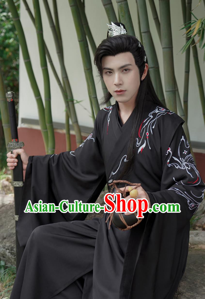 Chinese Hanfu Ming Dynasty Swordsman Black Uniform Embroidery Wuxia Costumes Complete Set Chinese Hanfu Ming Dynasty Swordsman Black Uniform Embroidery Wuxia Costumes Complete Set