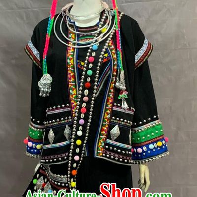 Chinese Hani Ethnic Adult Long Dress Stage Costume Embroidered 56 Chinese Ethnic Minorities Traditional Black Clothing