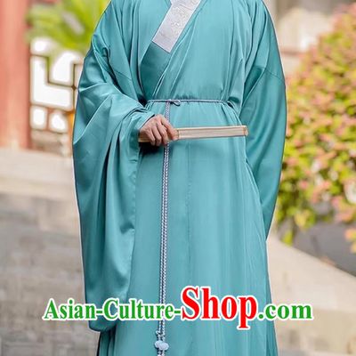 Chinese Ming Dynasty Hanfu Blue Taoist Robe Men Ancient Style Zen Priest Attire