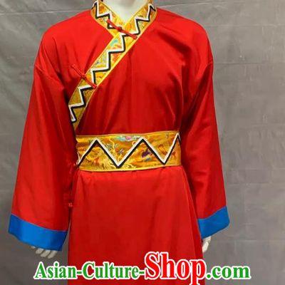 Monba Ethnic Men Long Gala Performance Costume Embroidered Chinese Ethnic Minority Clothing Traditional Red Suit
