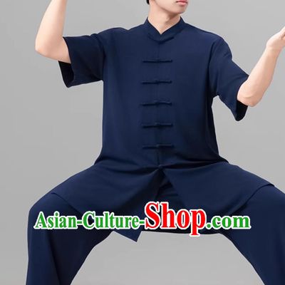 Chinese Style Men Tai Chi Suit Summer Short Sleeve Tai Chi Ba Duan Jin Training Navy Suit