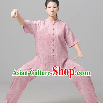 Pink Women Tai Chi Suit Short Sleeve Taiji Uniform Ba Duan Jin Training Outfit