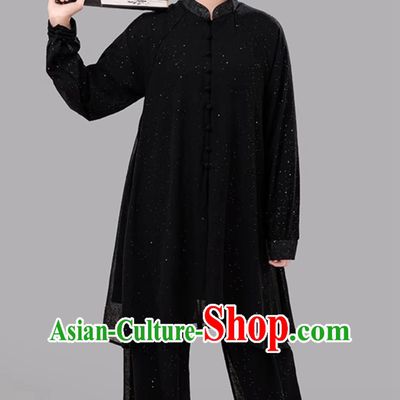 Black Summer Women Tai Chi Suit Long Sleeve Outfit Double Layer Silver Gauze Chinese Style Competition Performance Uniform