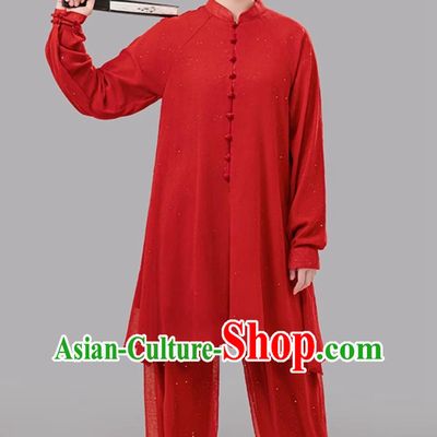Red Summer Women Tai Chi Suit Long Sleeve Outfit Double Layer Silver Gauze Chinese Style Competition Performance Uniform
