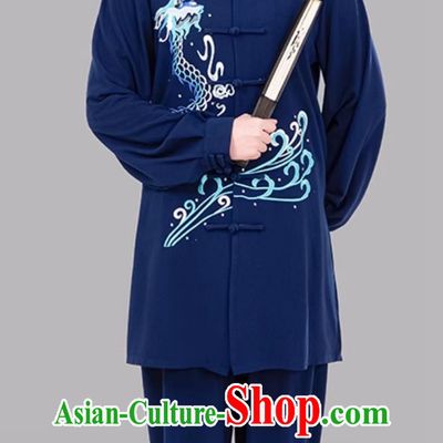Navy Blue Tai Chi Suit Embroidered Dragon Taiji Competition Performance Training Suit Mid Long Uniform