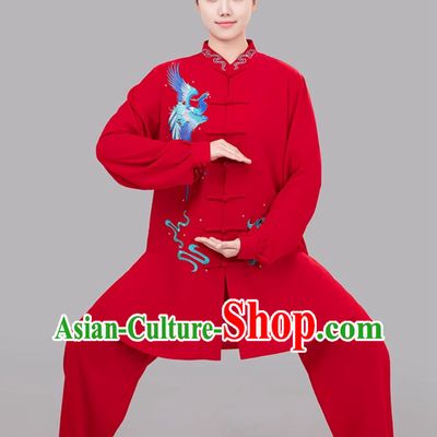 Red Phoenix Embroidered Women Tai Chi Suit Taiji Costume Ba Duan Jin Training Outfit
