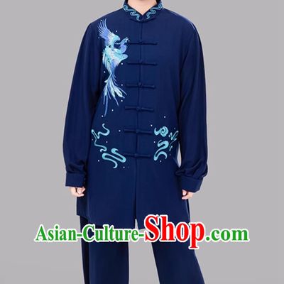 Navy Blue Phoenix Embroidered Women Tai Chi Suit Taiji Costume Ba Duan Jin Training Outfit