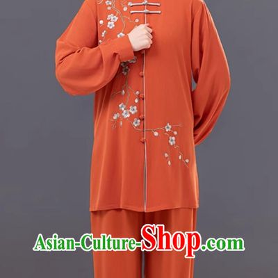 Women Embroidered Plum Blossom Tai Chi Suit Martial Arts Competition Performance Orange Outfit
