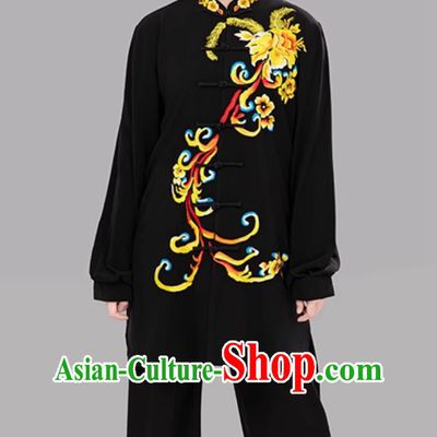 Black Women Embroidered Floral Tai Chi Suit Ba Duan Jin Tai Chi Competition Performance Training Clothing Martial Arts Outfit
