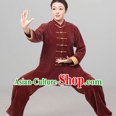 Red Brown Double Faced Fleece Women Tai Chi Suit Autumn Winter Thickened Tai Chi Training Uniform Martial Arts Clothing