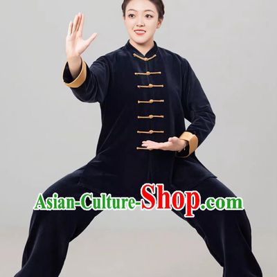 Navy Blue Double Faced Fleece Women Tai Chi Suit Autumn Winter Thickened Tai Chi Training Uniform Martial Arts Clothing