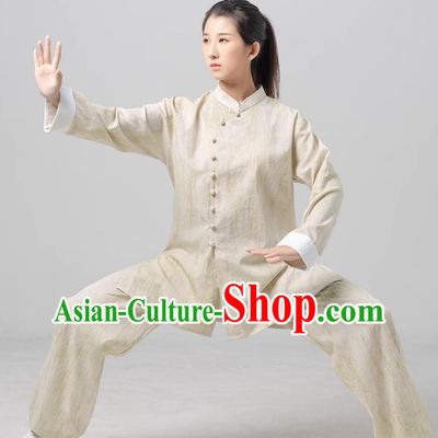 Chinese Ba Duan Jin Beige Uniform Tai Chi Training Costume Women Diagonal Collar Tai Chi Suit
