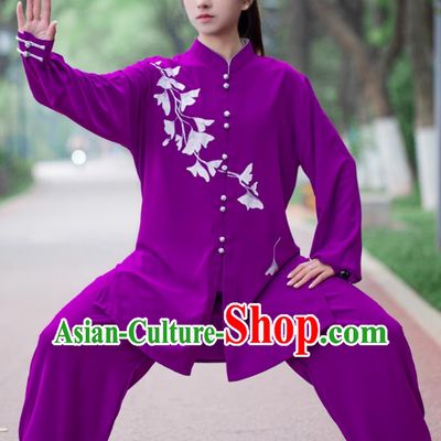 Hand Painted Ginkgo Leaf Women Tai Chi Uniform Tai Chi Performance Clothing Martial Arts Training Purple Outfit