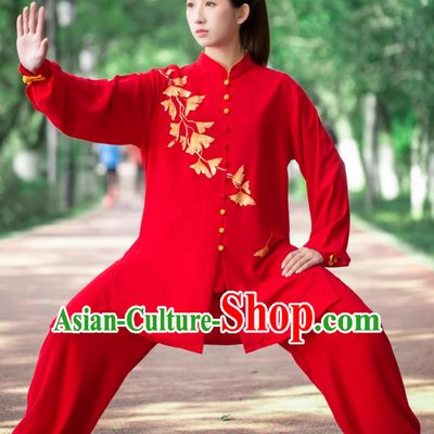 Martial Arts Training Red Outfit Hand Painted Ginkgo Leaf Women Tai Chi Uniform Tai Chi Performance Clothing