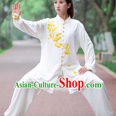 Tai Chi Performance Clothing Martial Arts Training White Outfit Hand Painted Ginkgo Leaf Women Tai Chi Uniform