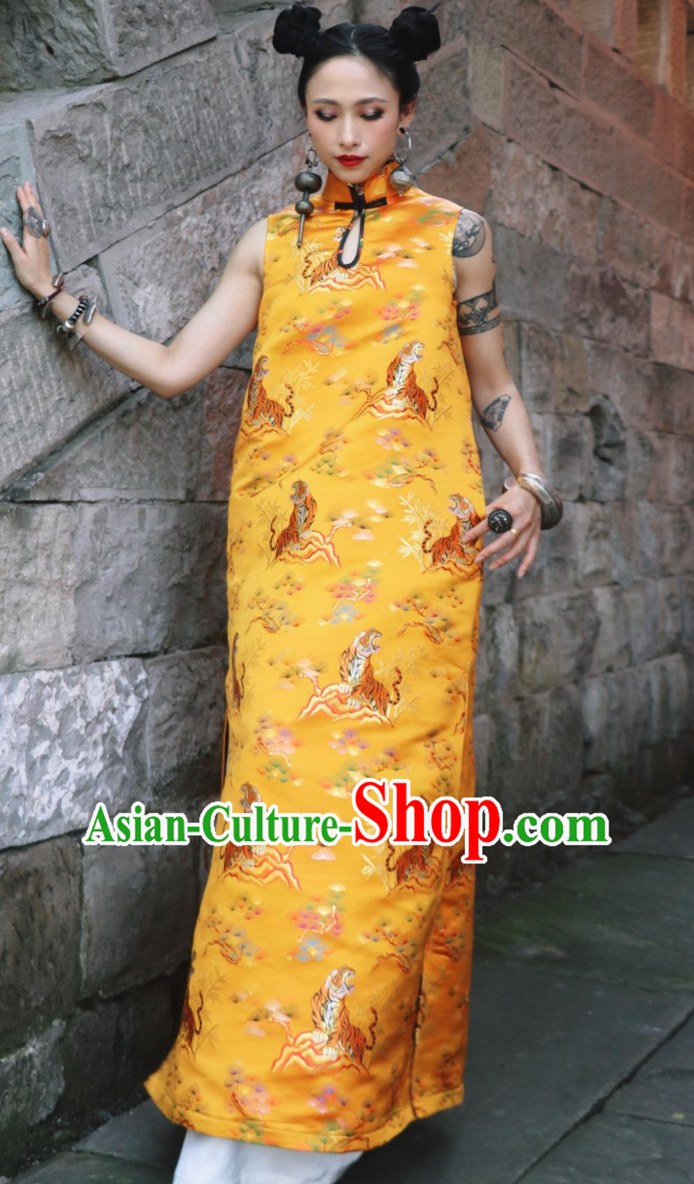 Gold Tiger Jacquard Brocade Stand Collar Sleeveless Qipao Loose Dress Chinese Cheongsam Gold Tiger Jacquard Brocade Stand Collar Sleeveless Qipao Loose Dress Chinese Cheongsam