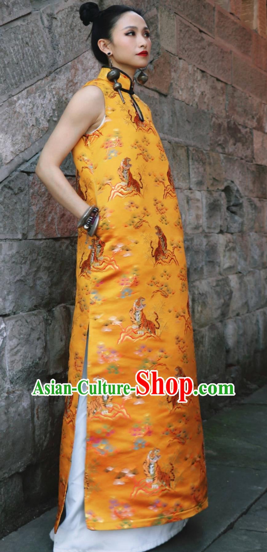 Gold Tiger Jacquard Brocade Stand Collar Sleeveless Qipao Loose Dress Chinese Cheongsam Gold Tiger Jacquard Brocade Stand Collar Sleeveless Qipao Loose Dress Chinese Cheongsam