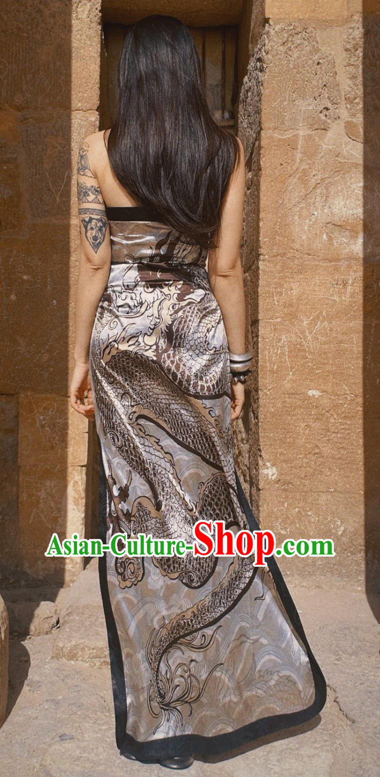 Silver Dragon Chiffon Halter Neck Dress Chinese Cheongsam Silver Dragon Chiffon Halter Neck Dress Chinese Cheongsam