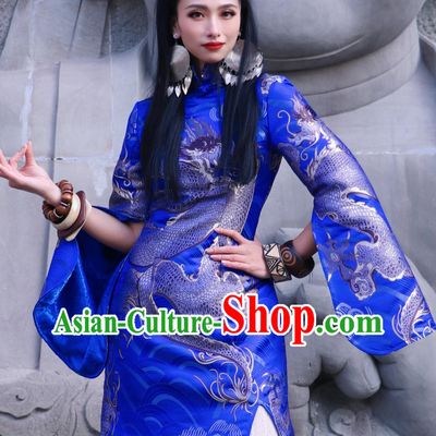 Blue Dragon Jacquard Brocade Slit Long Sleeve Chinese Street Style Modified Runway Short Qipao Dress