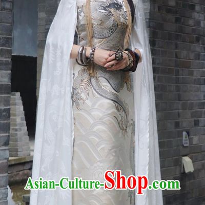 Silver Dragon Jacquard Brocade Long Water Sleeve Stand Collar Qipao Chinese Runway Cheongsam Traditional Dress