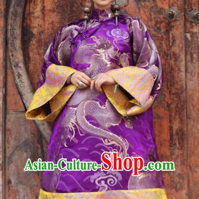 Chinese Style Cheongsam Purple Gold Dragon Jacquard Stand Collar Robe Modified Hanfu