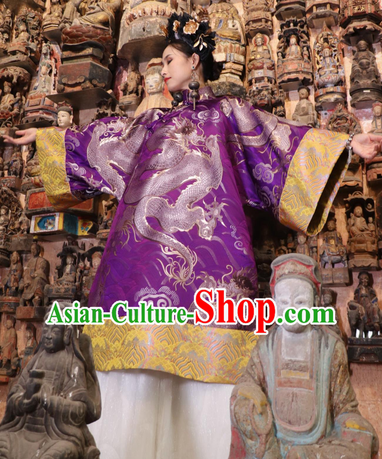 Chinese Style Cheongsam Purple Gold Dragon Jacquard Stand Collar Robe Modified Hanfu Chinese Style Cheongsam Purple Gold Dragon Jacquard Stand Collar Robe Modified Hanfu