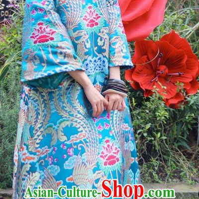 Lake Blue Phoenix Cloud Brocade Chinese Dress Traditional Loose Cheongsam Bell Sleeve Robe