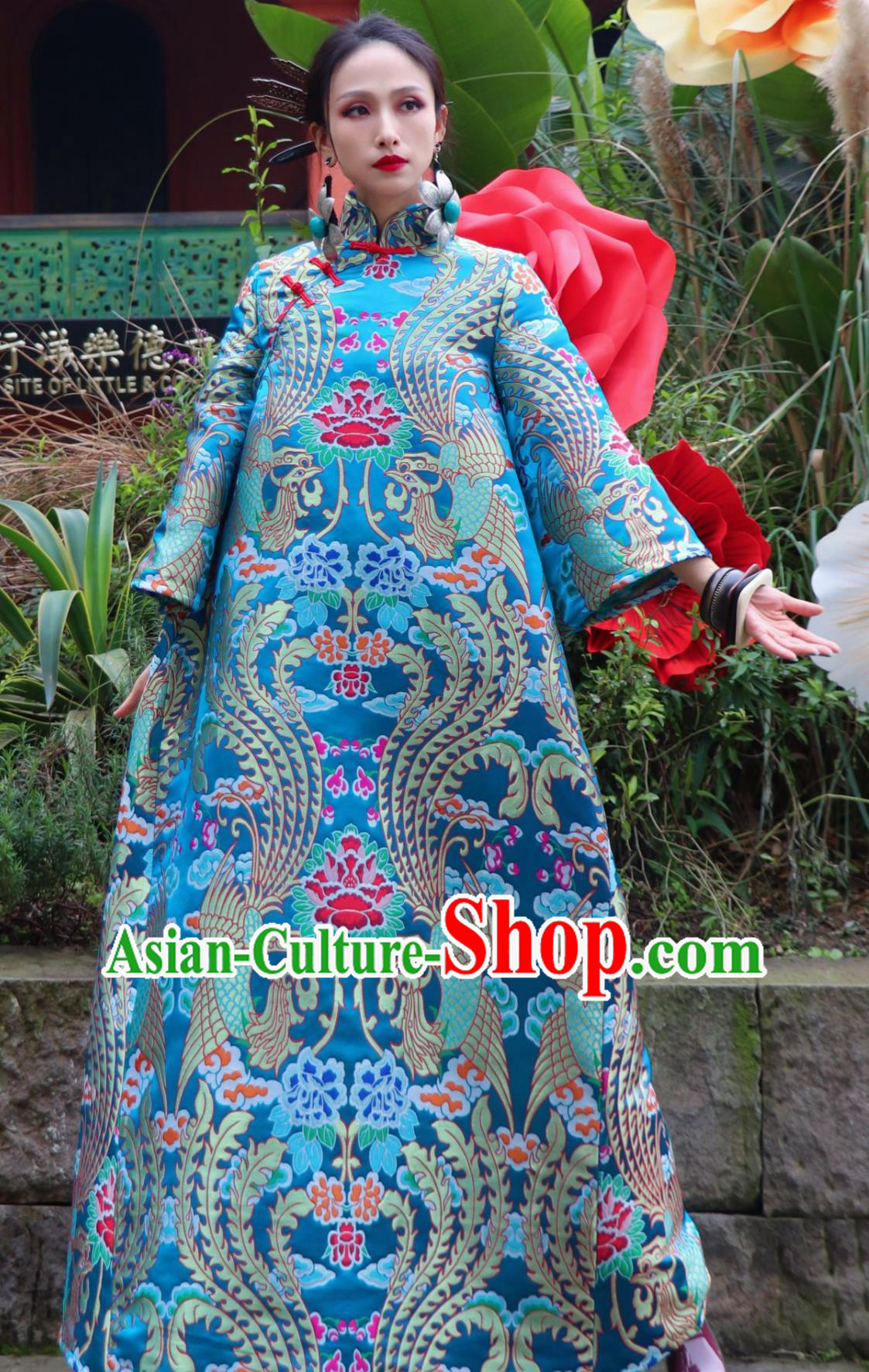 Lake Blue Phoenix Cloud Brocade Chinese Dress Traditional Loose Cheongsam Bell Sleeve Robe Lake Blue Phoenix Cloud Brocade Chinese Dress Traditional Loose Cheongsam Bell Sleeve Robe