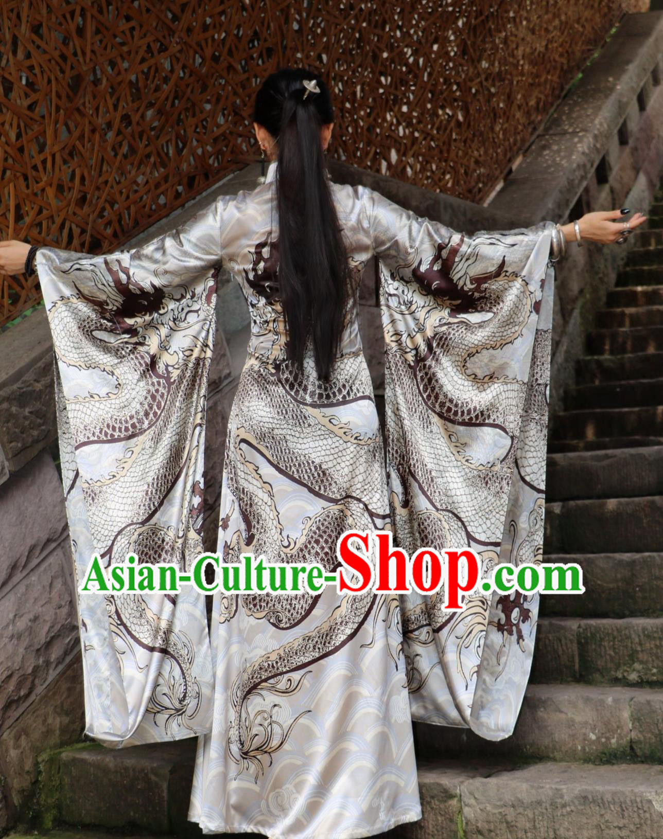 Pearl Luster Silver Dragon High Neck Wide Sleeve Dress Chinese Dragon Robe Runway Cheongsam