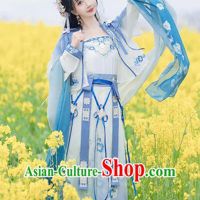 Chinese Song Dynasty Hanfu Women High Waist Skirt Top and Blouse Ancient Fairy Blue Dress