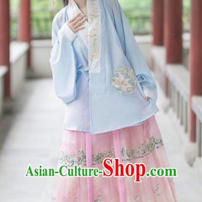 Ming Dynasty Hanfu Women Blue Blouse and Horse Face Skirt Set Spring Summer Chinese Ancient Style Clothing