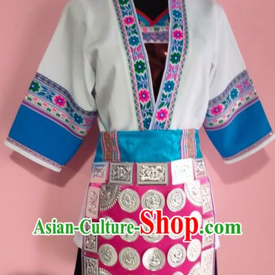 Chinese Dong Nationality Golden Pheasant Suit Ethnic Costume Performance Dance White Dress
