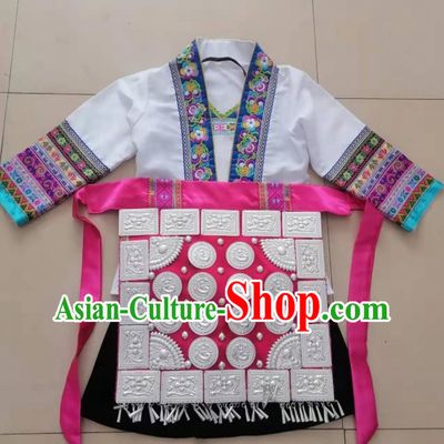 Children Guizhou Ethnic Costume Chinese Dong Nationality Dance White Five Piece Set