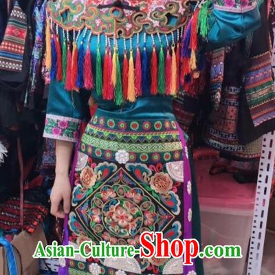 Chinese Ethnic Performance Costume Guizhou Minority Nationality Women Dance Outfit Traditional Dong Green Dress