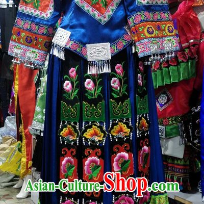Ethnic Performance Costume Chinese Dong Nationality Dance Outfit Royal Blue Long Dress for Women